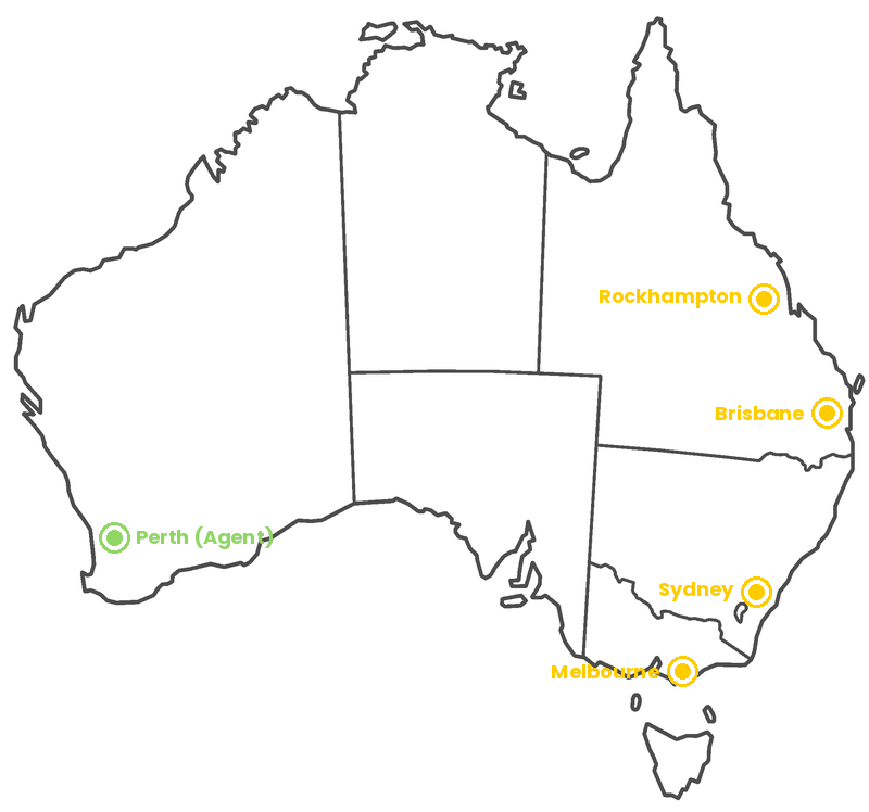 National Coverage, Brisbane, Rockhampton, Sydney, Melbourne, Perth, and covering Northern Territory, Tasmania and Soth Australia from these locations.