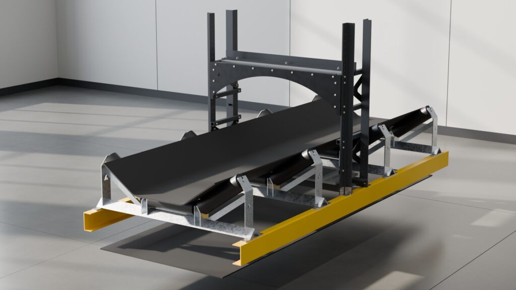 Tramp metal detector installed over a belt conveyor