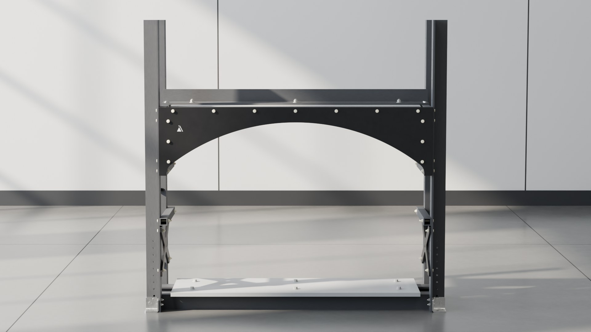 Accurate Industries tramp metal detector, straight on, showing the arched barge plate and coil frame