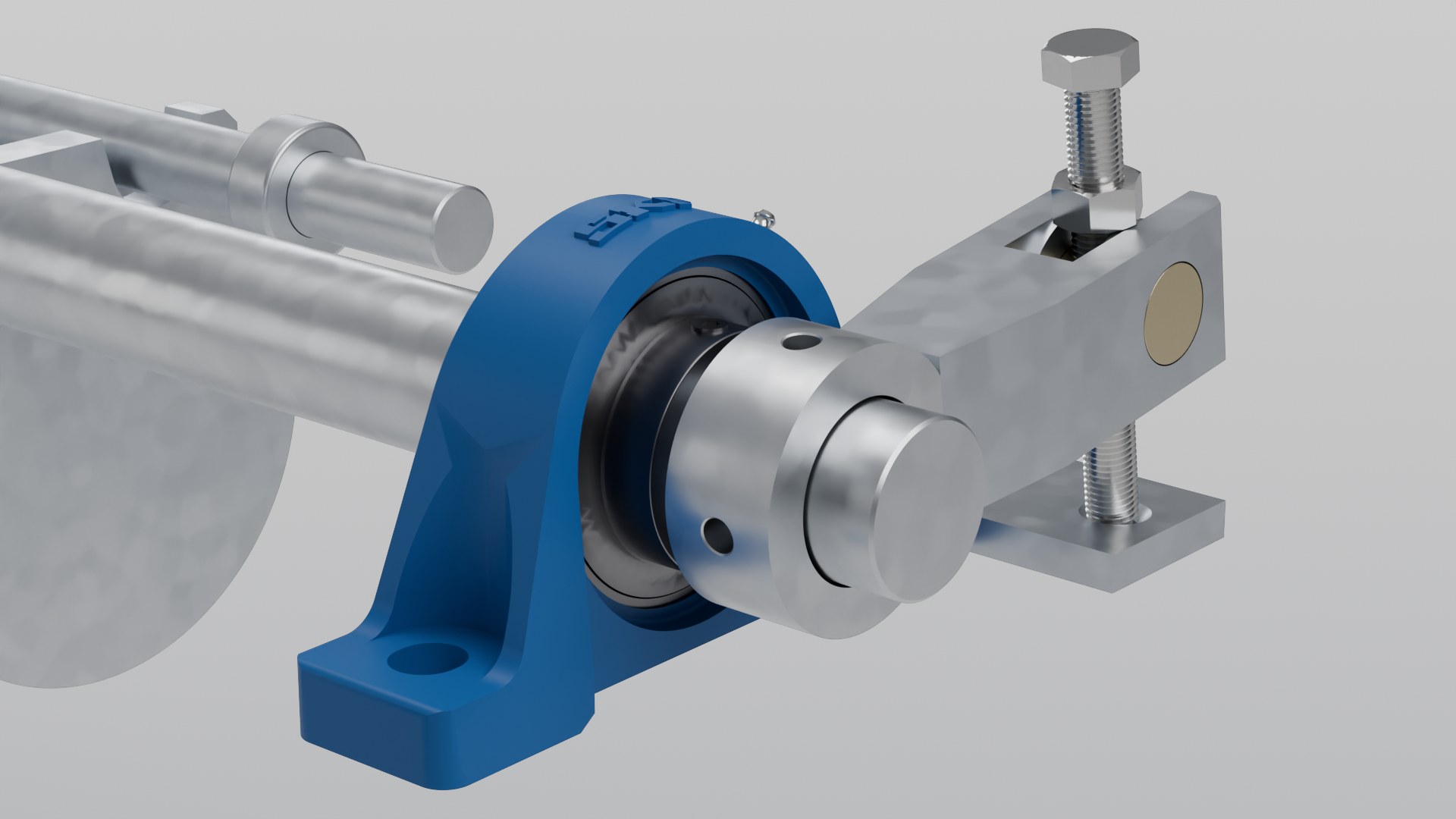 Accurate Industries screw-type billet weight bracket with the stainless screw running through a gold-coloured special alloy threaded insert, beside the weigh frame pillow block bearing