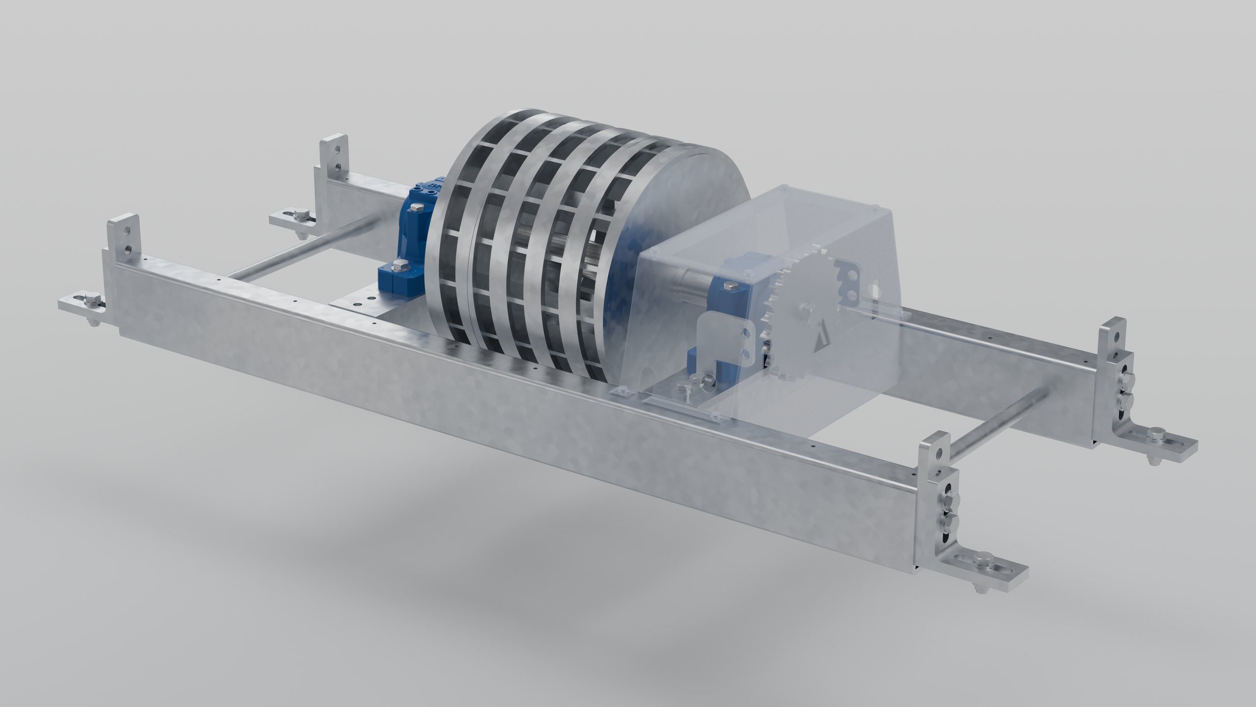 Spiral cage HR with the guard shown see-through, sprocket and bearings visible