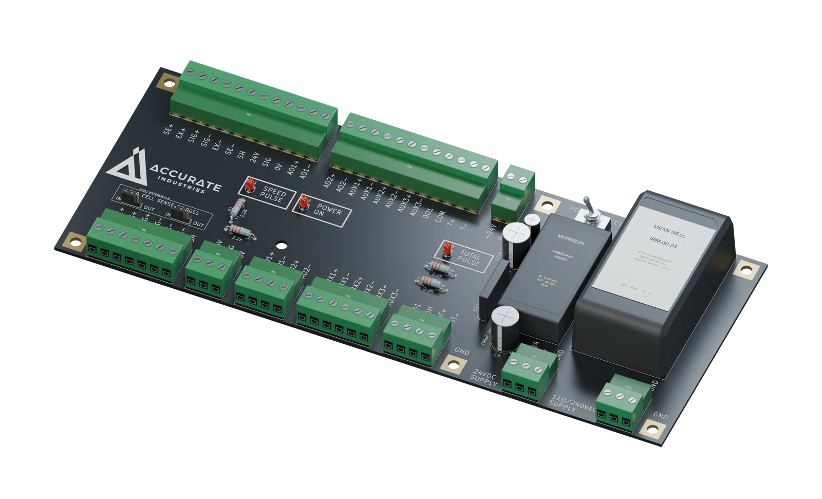 Accurate Industries integrator interface PCB with labelled pull-out terminal blocks for belt weigher field wiring