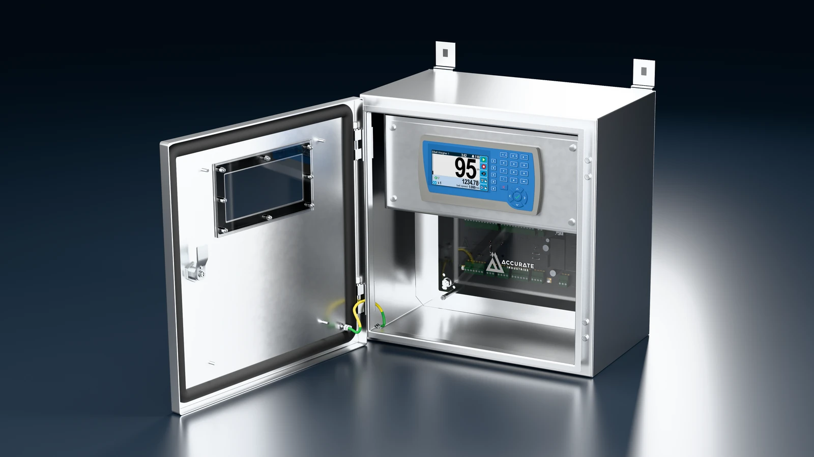 EMC ModWeigh MP1 belt weigher integrator built into an Accurate Industries 316 stainless steel enclosure, door open