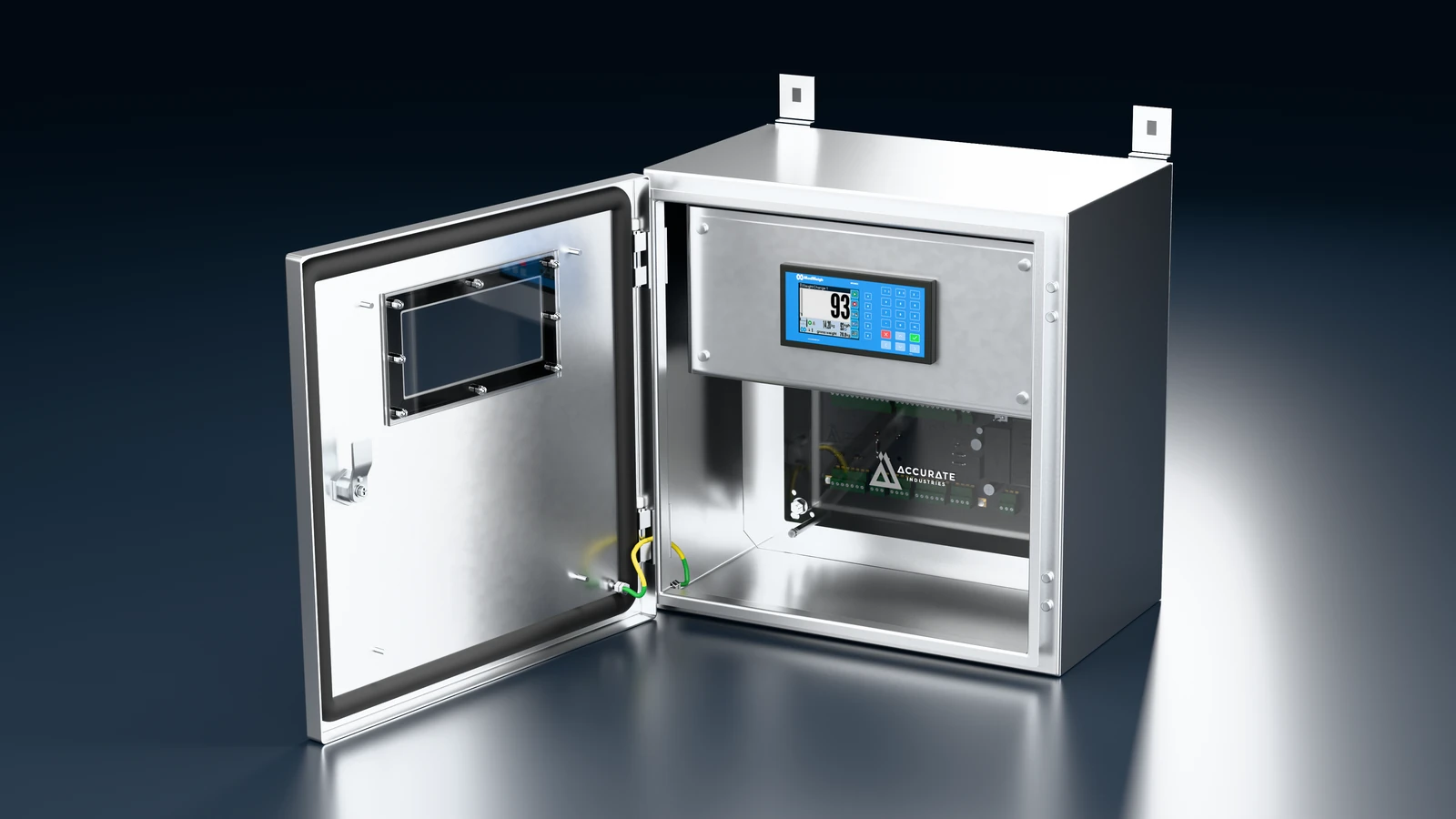 EMC ModWeigh MP2 belt weigher integrator built into an Accurate Industries 316 stainless steel enclosure, door open