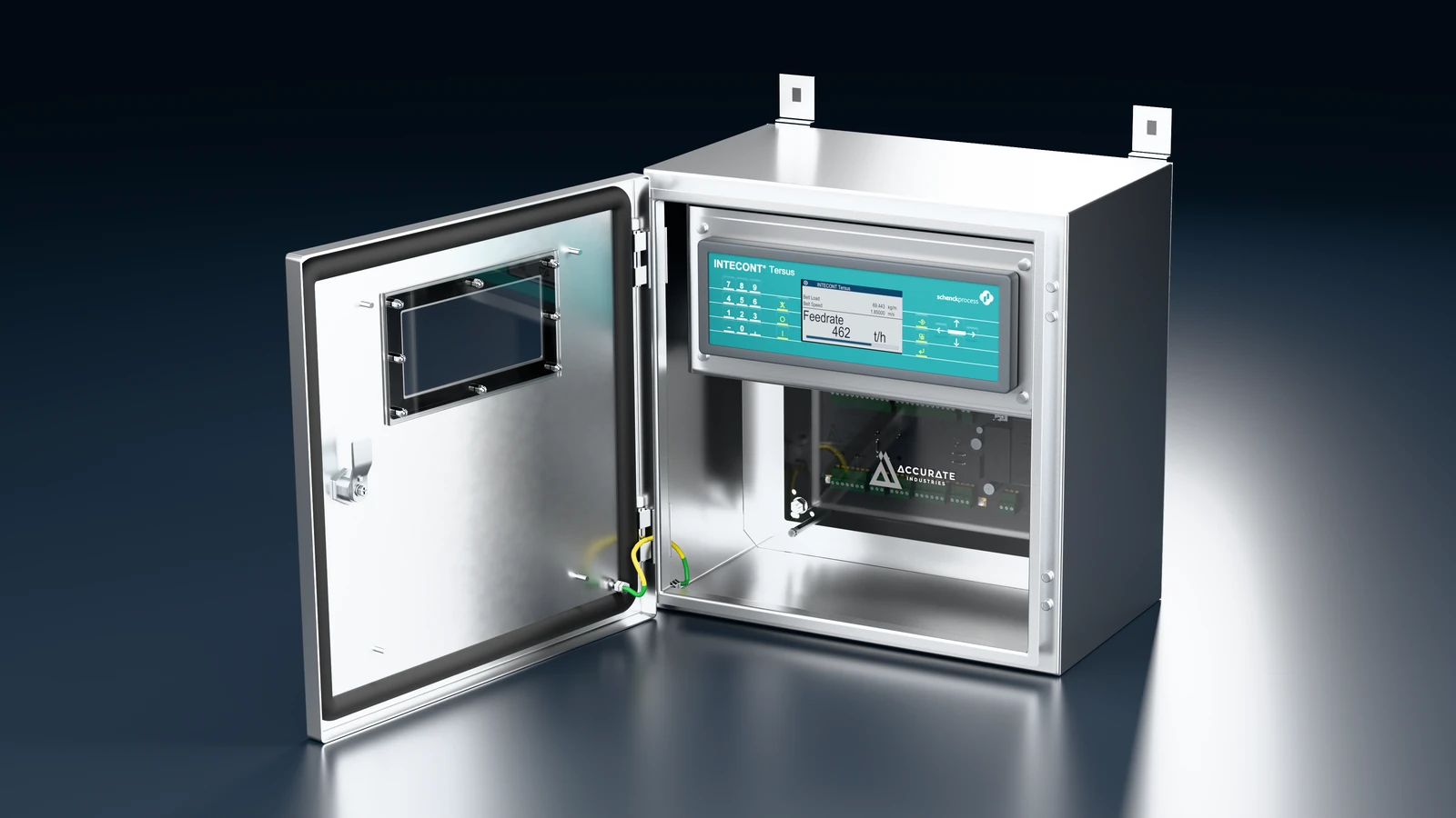 Schenck INTECONT Tersus belt weigher integrator built into an Accurate Industries 316 stainless steel enclosure, door open