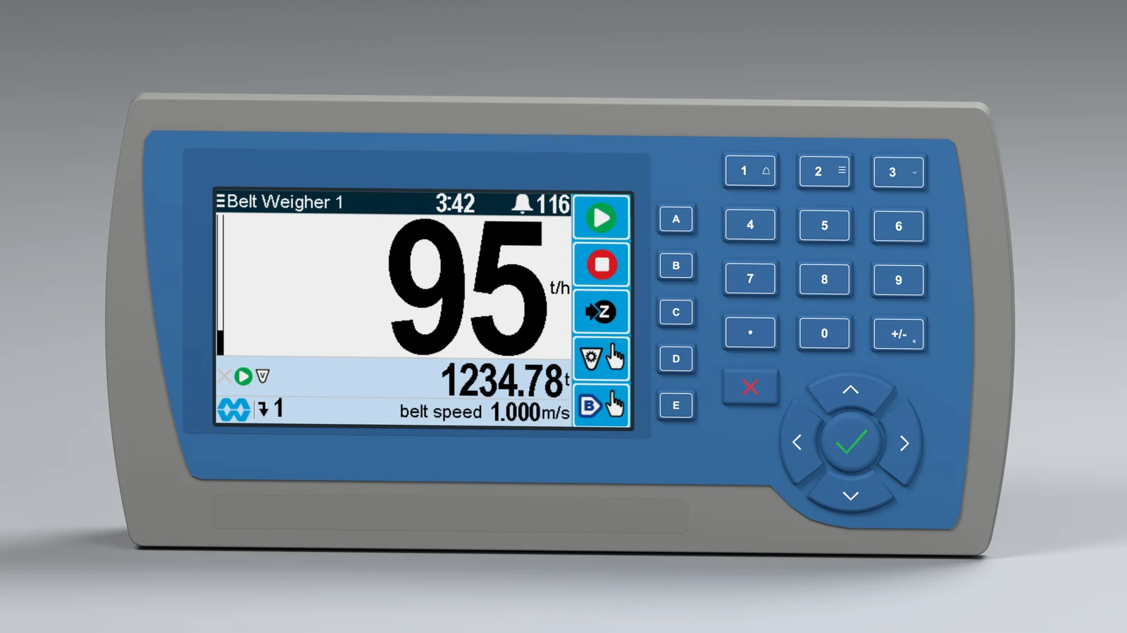 EMC ModWeigh MP1 belt weigher integrator, front view showing the display and keypad