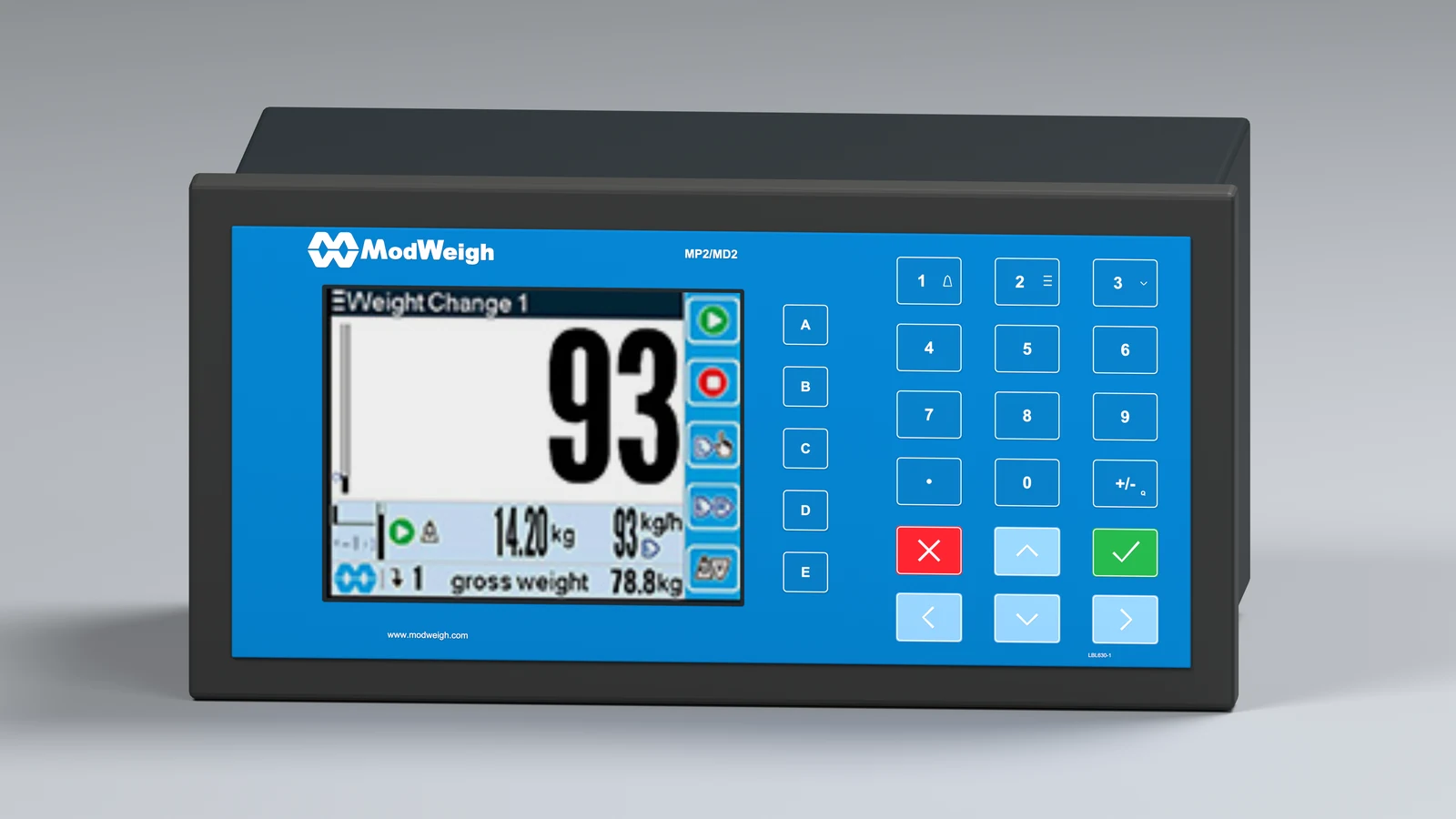 EMC ModWeigh MP2 belt weigher integrator, front view showing the display and keypad